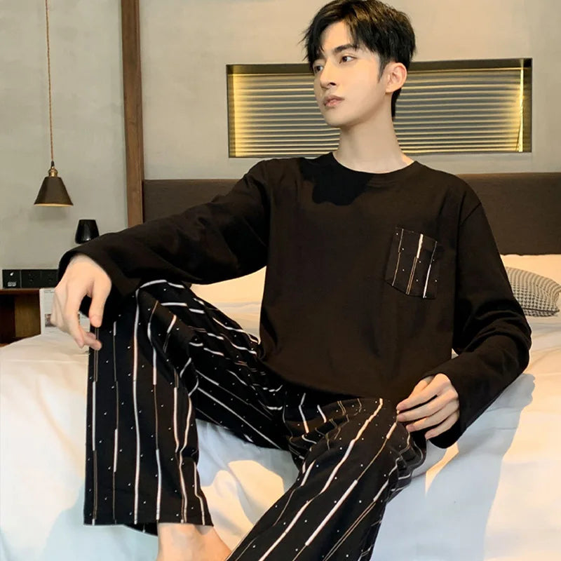 Men Pajamas Set of Autumn and Winter Tops and Pants Youth Nightwear Homewear Two-Piece Student Striped Sleepwear Loungewear
