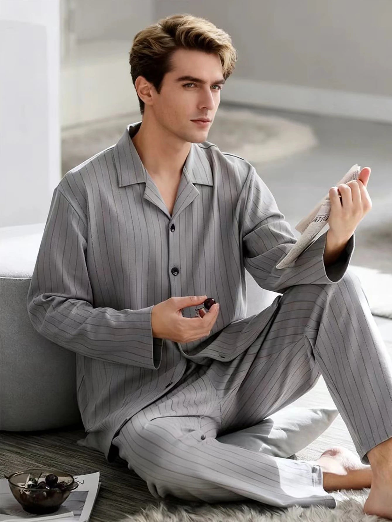 New Men's Pajamas Spring and Autumn Set, Can Be Worn Outside, Cardigan Loungewear, Casual Long-Sleeved, Large Size, Loose Fit, Autumn and Winter