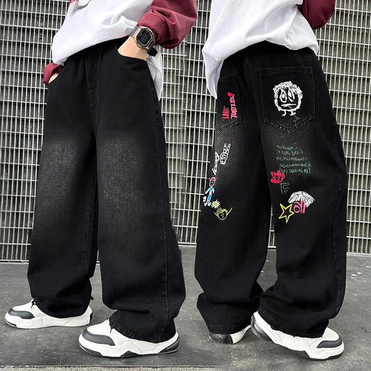 Boys Black Print Jeans Spring/Autumn Kids Wide Leg Pants Washed Denim Straight Pants Teen Children Pants 6 8 10 12 14 Years Old