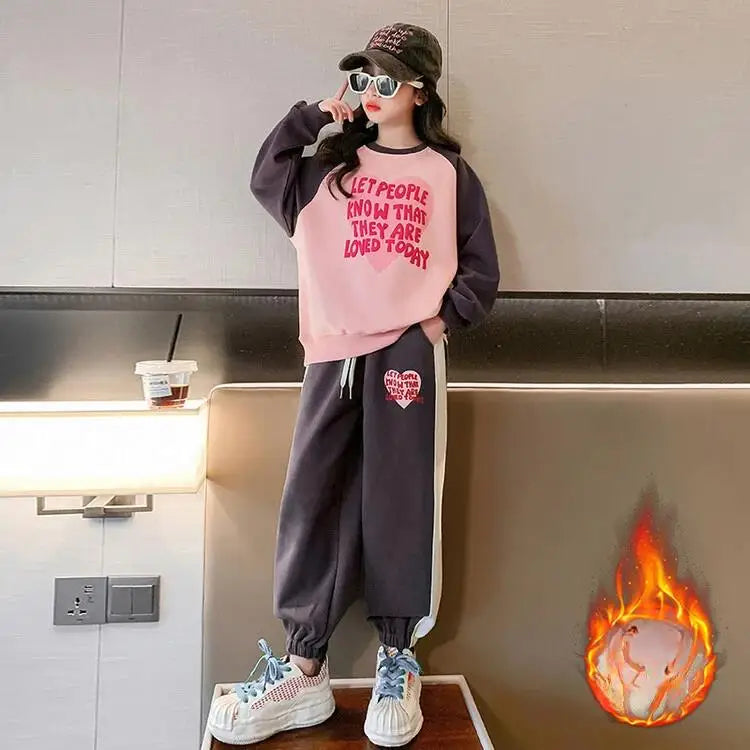 Winter teen Girls clothes Tracksuit set Fleece Thick Warm Sweatshirt+pants 2pcs Children Clothing Suit School Casual Sportswear