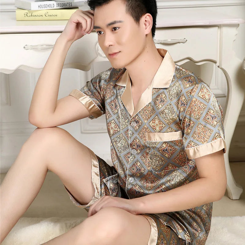 Pajamas Men Spring Summer Thin Ice Silk Luxurious Loose Fitting Home Wear Suit Male Satin Pyjamas Set Night Pajamas Set Men