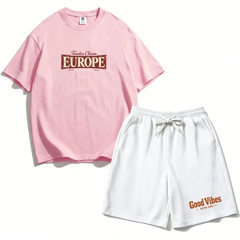 Teen Girls Clothing Set Summer Cotton Short Sleeve Top Shorts 2PCS Casual Europe Graphic Tee Distressed Print Clothes Set EU1