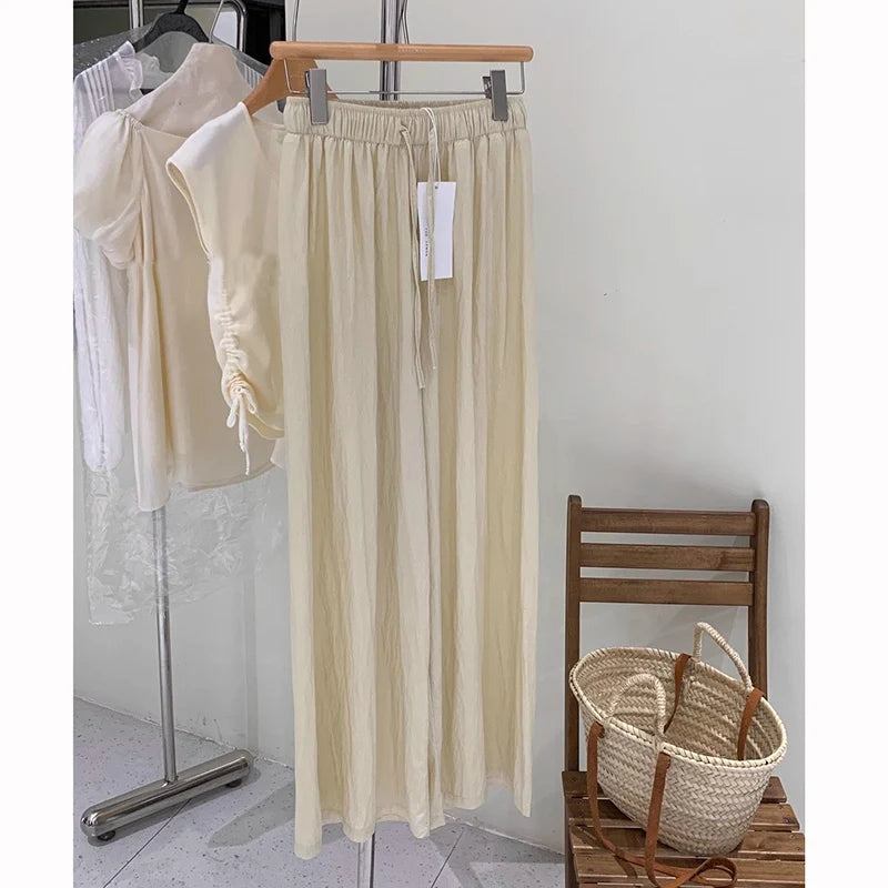 Girls High Waist Straight Leg Casual Pants Lady Drawstring Ice Silk Trousers Hot Sale Women Solid Loose Fit Pants