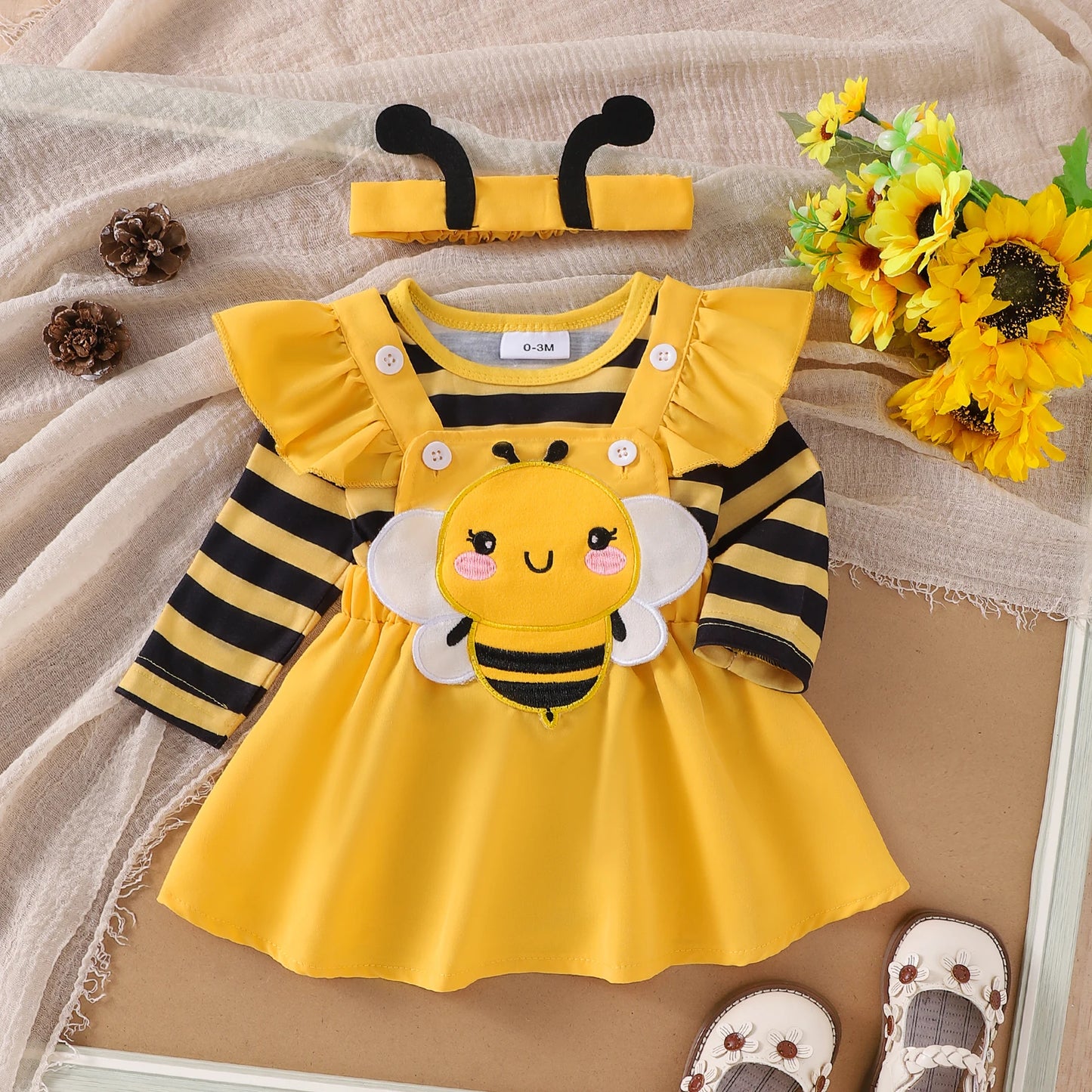 Cute Baby Girls Clothes Sets Flying Sleeve Romper Bee/Beetle Embroidery Suspender Dress Headband Sets Kids Costume