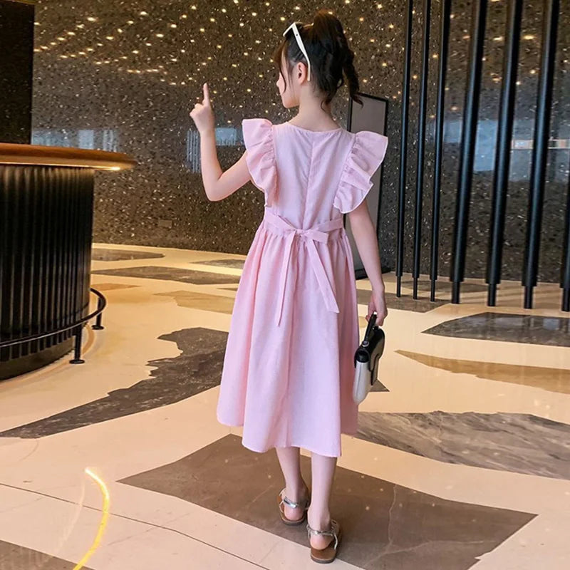 New Girls Summer Dress Kids Casual Sleeveless Clothes Gown Princess Children Elegant Costumes Teen Flying Sleeves Dresses 5-14Y