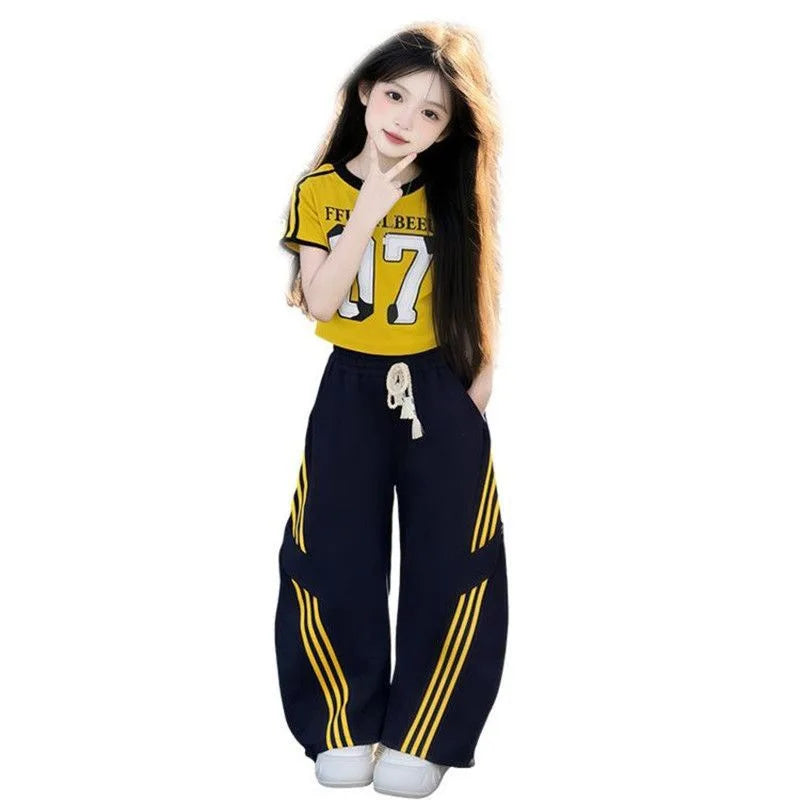 Summer Teenage Girls Clothes Set Children ONeck Tshirt and Casual Long Pants Suit Student School Short Sleeve Top Bottom Outfits