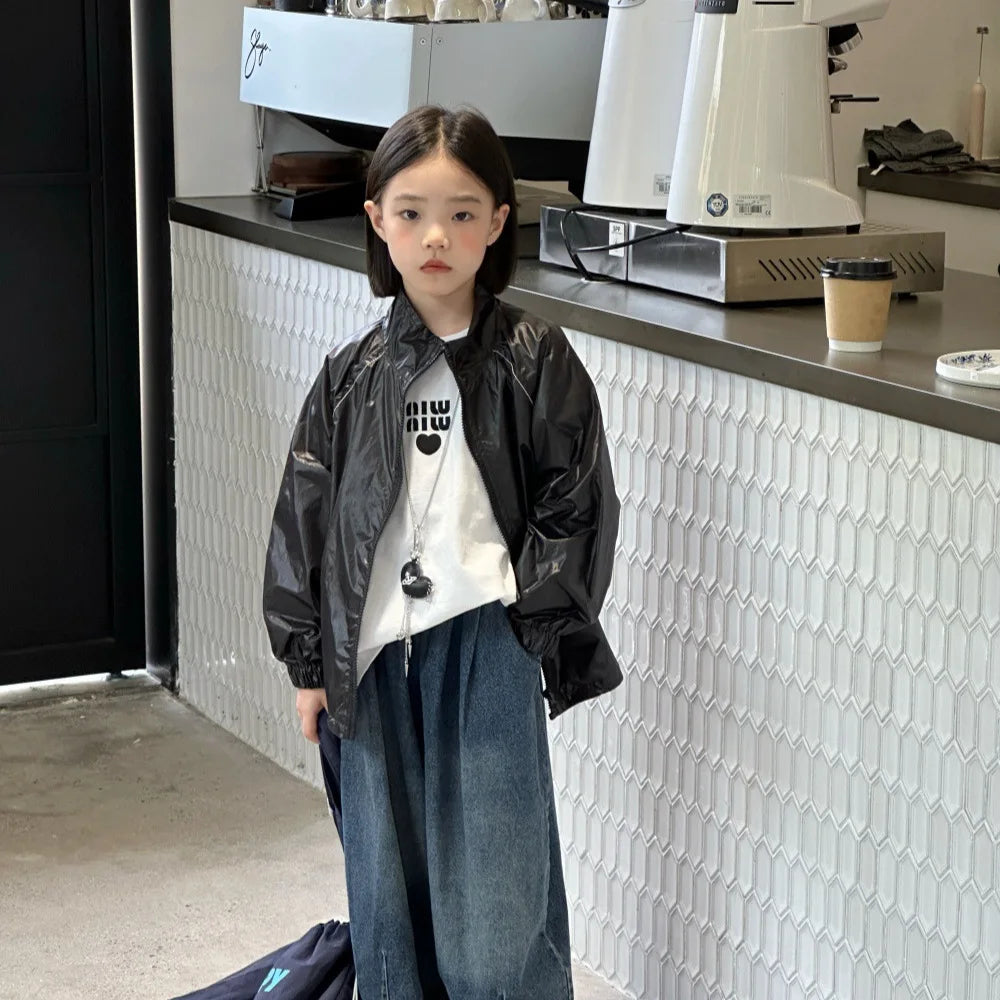 2025 Autumn New Girls Coat Children Korean Embroidered Letter Coat Girls Trendy Cool Turn-down Collar Jacket Trendy