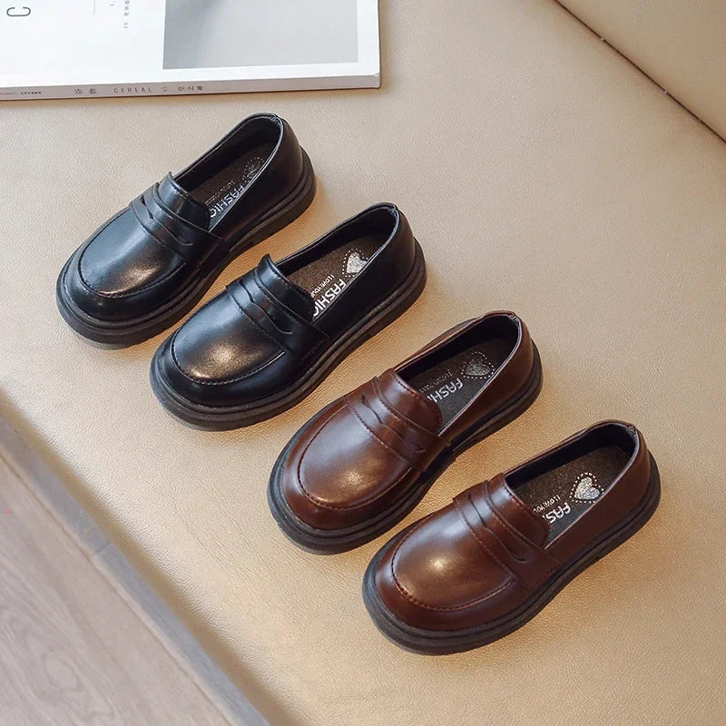 Britain Style Children's Leather Shoes for Boys 2025 Spring New Girls Retro Black Single Shoes Soft Moccasin Shoes for Children