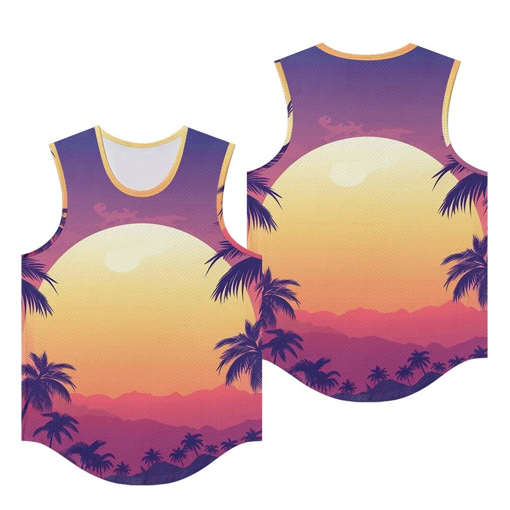 Men Vests Trendy Tropical Monstera Printed Breathable Beach Artistic Essential Tank Top Activewear Sports Oversized Clothing