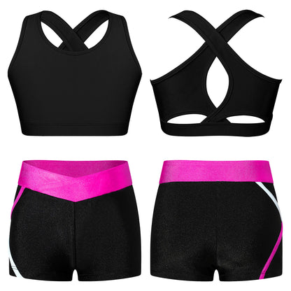Kids Girls Dance Gymnastics Outfits Ballet Crop Top with Shorts Tracksuit Set 2 PCS Yoga Sports Workout Summer Girl Clothing
