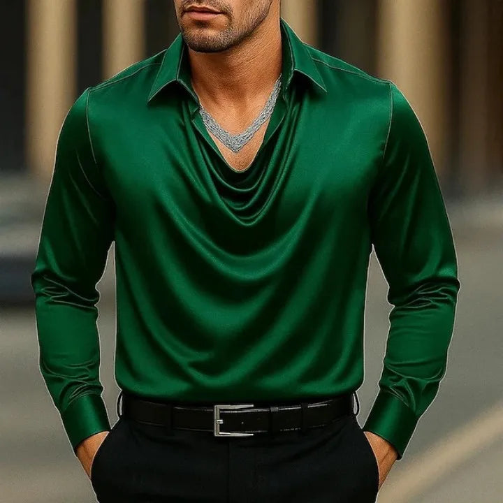 Casual Men Satin Silky Dress Shirts Long Sleeve Social Single Breasted Turn-Down Collar Shirts Wedding Party Men clothes