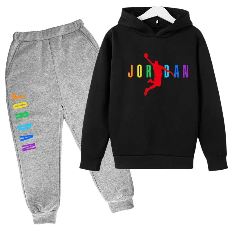 Children Sports Coat 3-13 Years Hoodie Basketball Letter Print Boys Sweatshirt Girls Toddler Top + Trousers 2P Stylish Casual Se