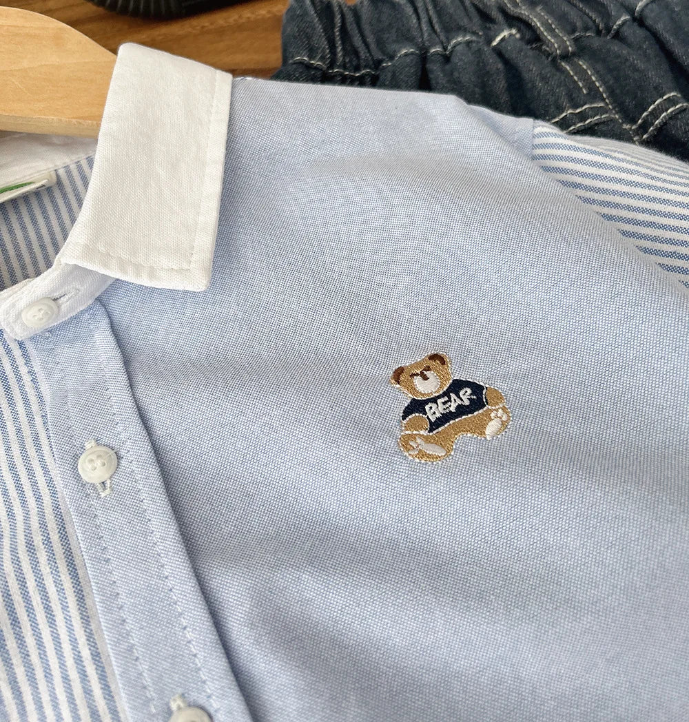 Children's Shirt Boys' Striped Shirt Spring  Autumn 2025 Cute Bear Embroidery Children's Casual Cartoon Top Baby Blue Shirt