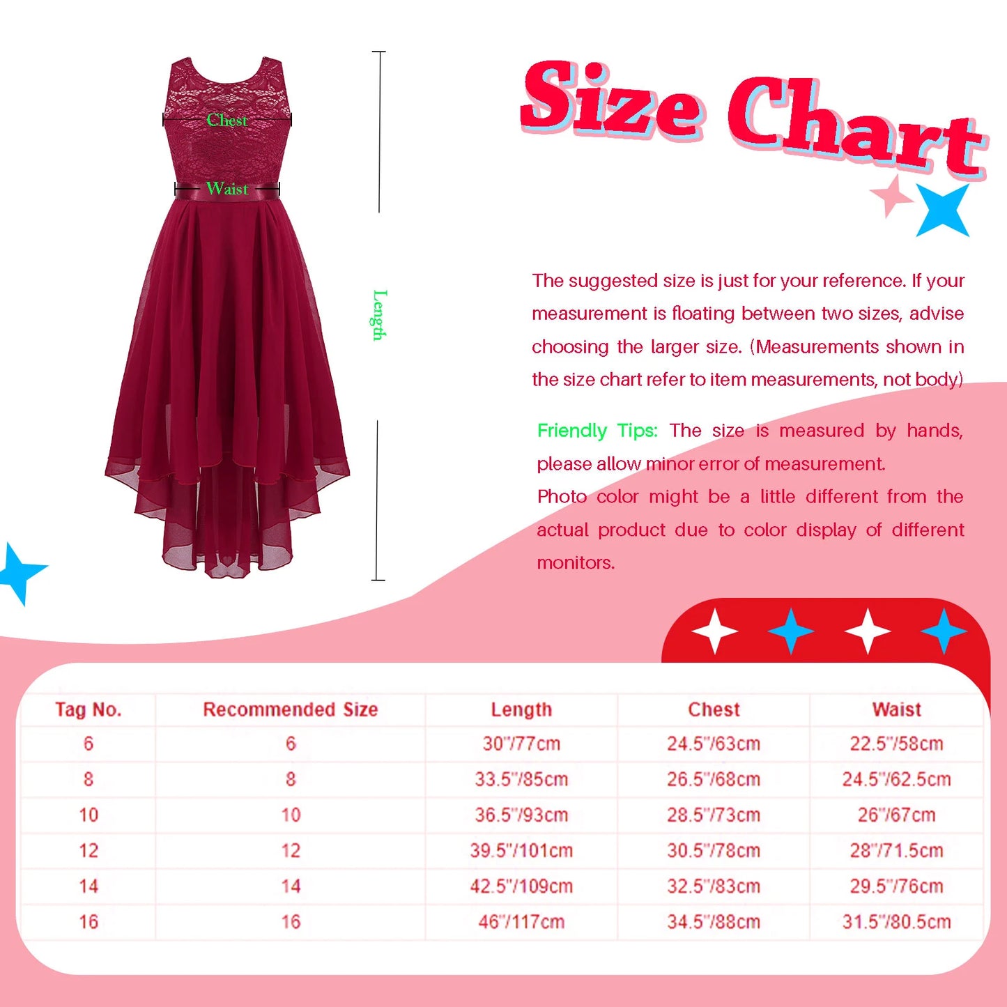 Teen Girls Elegant Scoop Neck Floral Lace Formal Wedding Party Dress Flower Girls Long Sleeve High-Low Chiffon Bridesmaid Dress