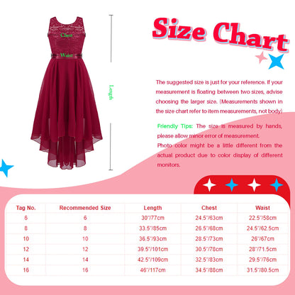 Teen Girls Elegant Scoop Neck Floral Lace Formal Wedding Party Dress Flower Girls Long Sleeve High-Low Chiffon Bridesmaid Dress