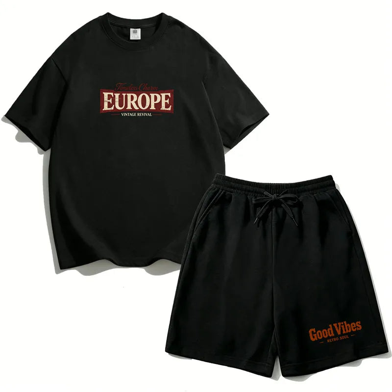 Teen Girls Clothing Set Summer Cotton Short Sleeve Top Shorts 2PCS Casual Europe Graphic Tee Distressed Print Clothes Set EU1