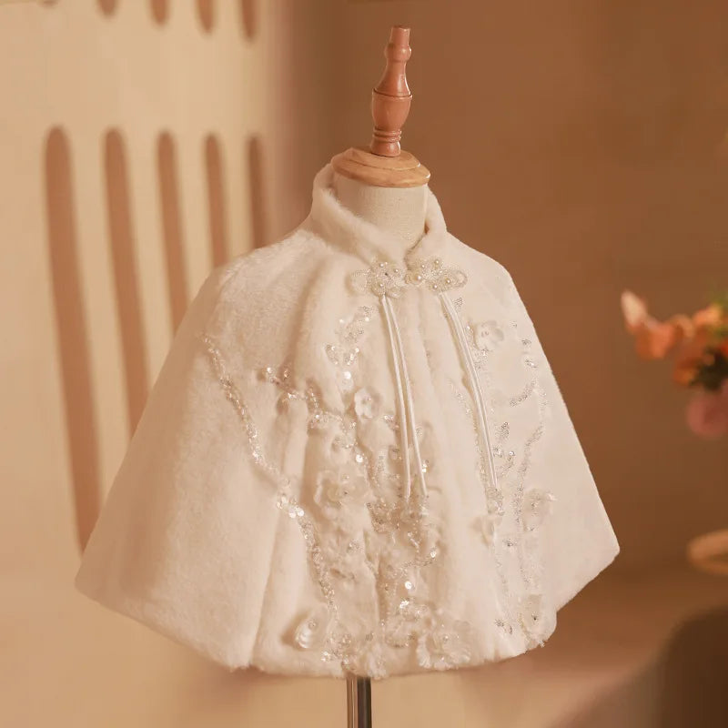 Girls Costumes Winter Warm Thick Shawl White Bridal Pageant Fashion Show Outerwear Kids Clothes Children Flower Girl Wedding