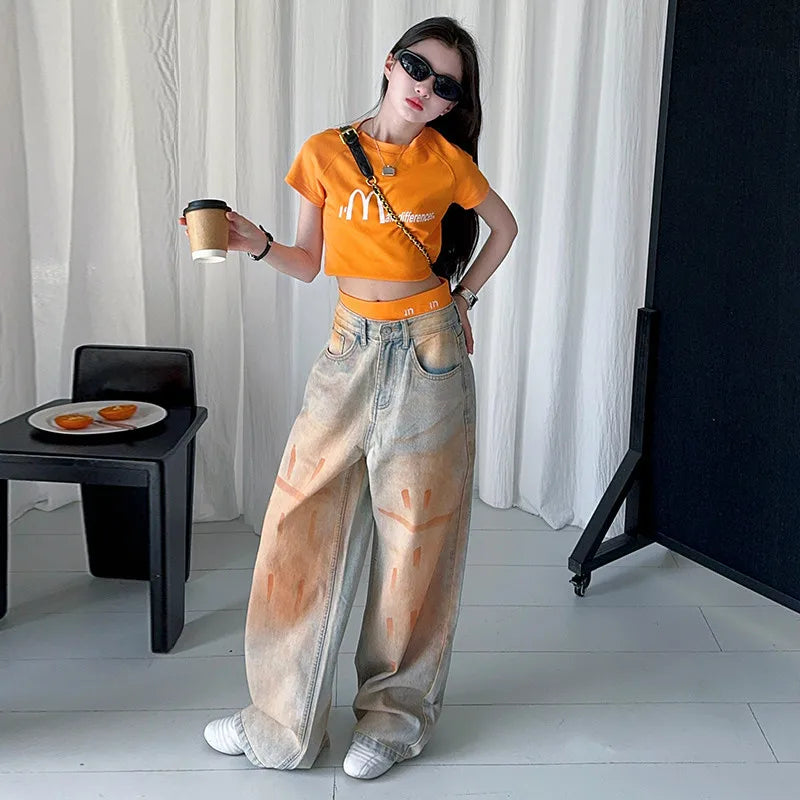 summer teen girls Orange washed graffiti straight leg jeans cotton letter short t-shirt top 4 10 12 14 junior child kids outfits