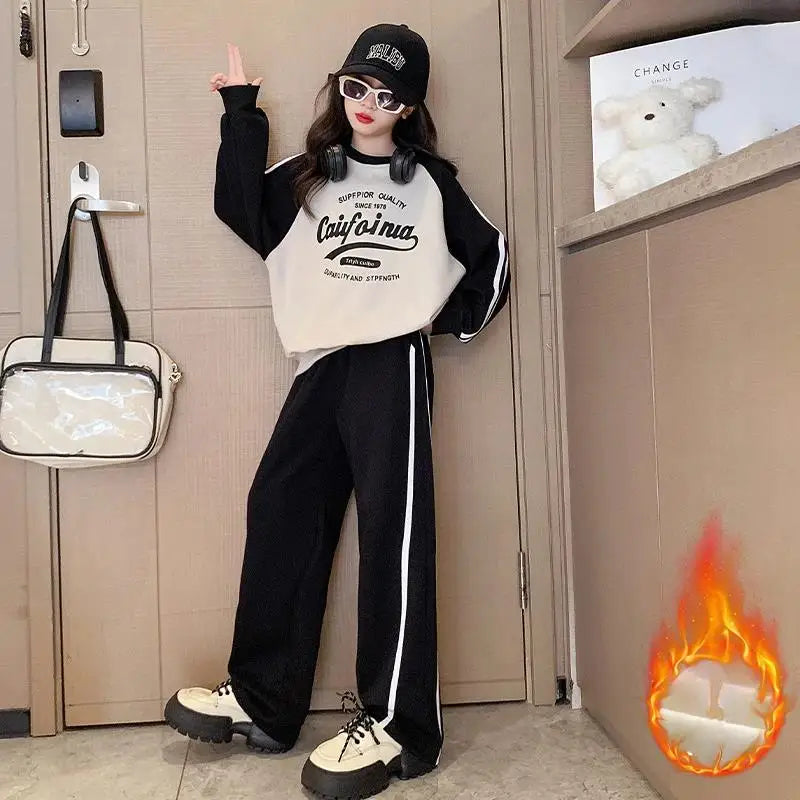 Winter teen Girls clothes Tracksuit set Fleece Thick Warm Sweatshirt+pants 2pcs Children Clothing Suit School Casual Sportswear
