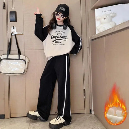 Winter teen Girls clothes Tracksuit set Fleece Thick Warm Sweatshirt+pants 2pcs Children Clothing Suit School Casual Sportswear