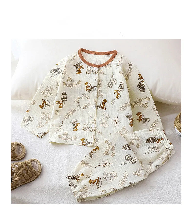 2Pcs Girls Summer Cotton Gauze Thin Pajamas Home Wear Cartoon Floral Print Long Sleeve Lace Trimmed Sleepwear Baby  Clothing Set