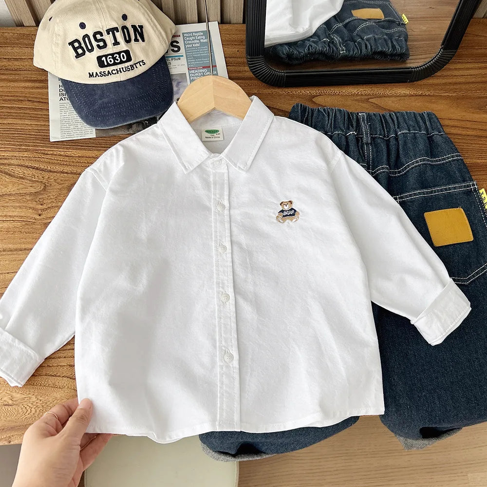 Children's Shirt Boys' Striped Shirt Spring  Autumn 2025 Cute Bear Embroidery Children's Casual Cartoon Top Baby Blue Shirt