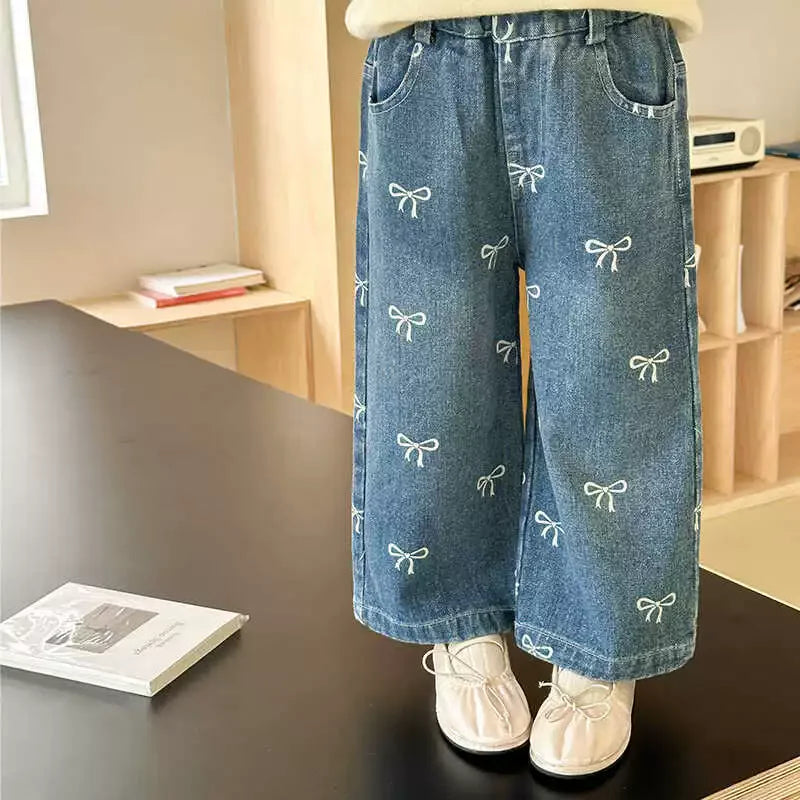 Girls Bow Wide Leg Jeans Autumn New Kids Loose Straight Denim Pants Toddler Casual Trousers Children Fashion Clothing 1-6Y