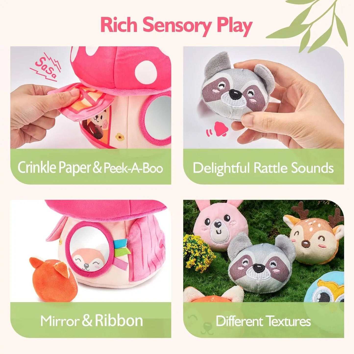 Baby Toys 6-12 Months Bee House with Stuffed Farm Animals for Toddlers 1-3 Baby Plush Beehive Wtih Rattles Squeaker Mirror