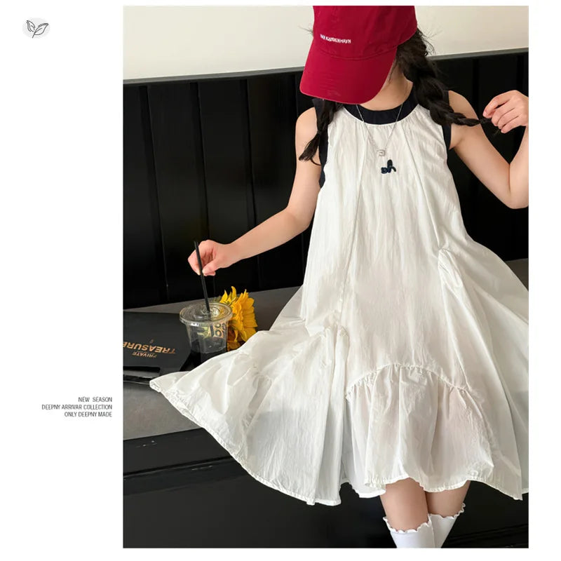 New Summer Girls Princess Dress Kids Sleeveless Dress with Ruffles Design Dresses for Teen Child Casual Vacation Beach Dress