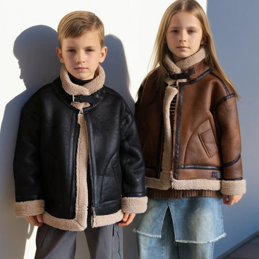 2026 Winter Kids Suede Leather Jacket Boys Girls Faux Fur Coat Thick Warm Fleece Outerwear Teen Children Top Clothes 2-15 Years