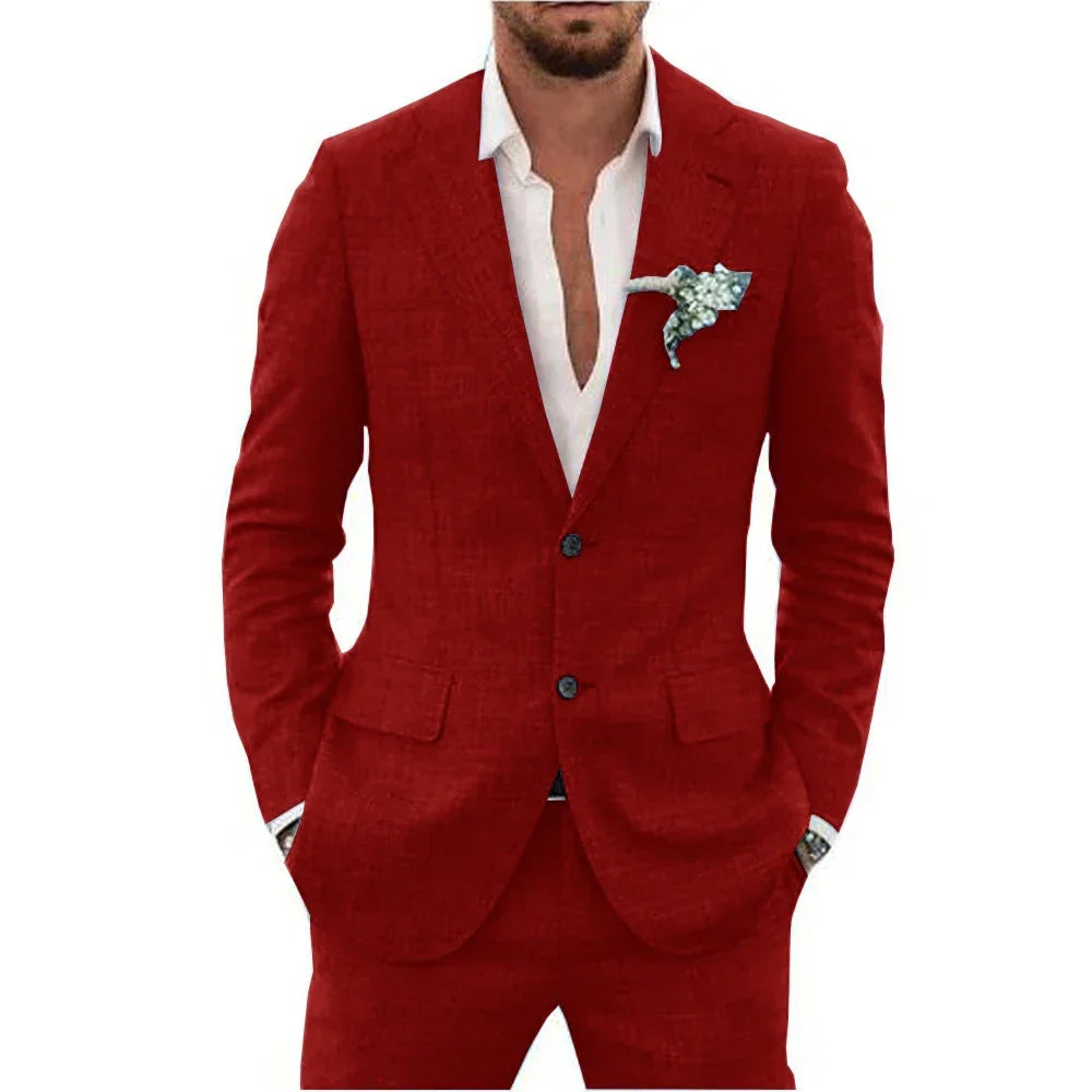 High Quality Linen Suits for Men Two Piece Formal Notch Lapel Single Breasted Male Suit Beach Casual Elegant Wedding Tuxedo