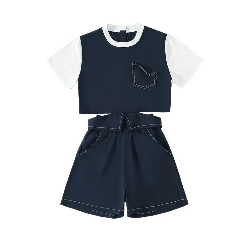 summer teen girls clothes set Rear buckle Splicing T-shirt+Flip over wide leg pants 2pcs junior kid suit child Pantsuits outfits