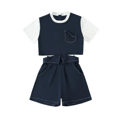 summer teen girls clothes set Rear buckle Splicing T-shirt+Flip over wide leg pants 2pcs junior kid suit child Pantsuits outfits