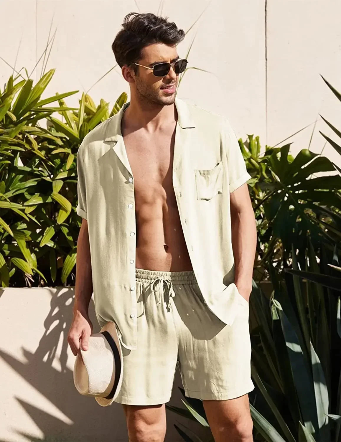 Men's Summer Casual Loose Two Piece Sets Beach Solid Cotton Linen Man Suit Short Sleeve Button Shirt And Shorts Office Outfits