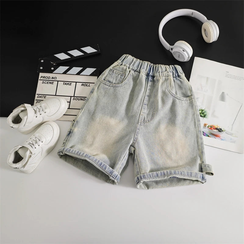 Kids Boy Loose Straight Denim Shorts with Pockets Children Fashion Trendy Hip-Hop Casual Mid Calf Jeans Shorts High Quality