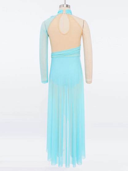 Kids Girls Modern Lyrical Dance Dresses Delicate Applique Keyhole Back Side Split Irregular Hem Asymmetrical Ruched Mesh Dress