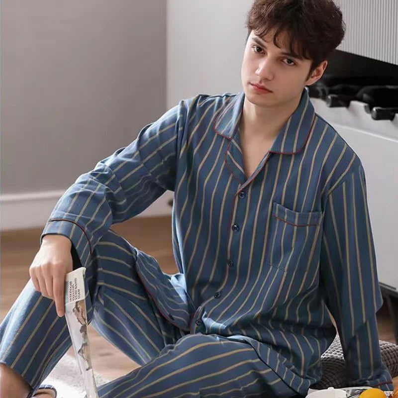 New Men's Pajamas Spring and Autumn Set, Can Be Worn Outside, Cardigan Loungewear, Casual Long-Sleeved, Large Size, Loose Fit, Autumn and Winter