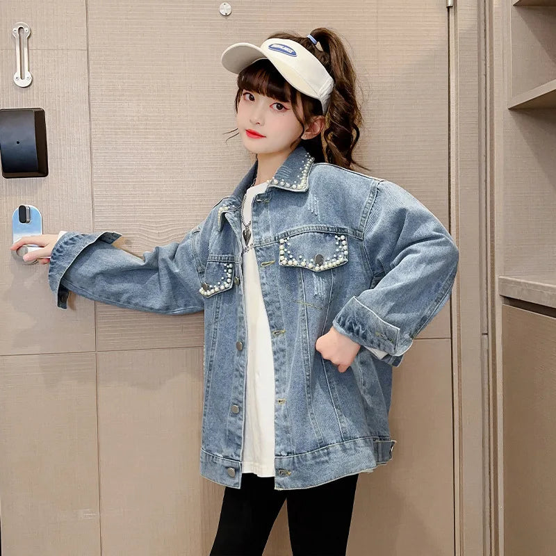 Jacket for Girls Autumn New Beading Denim Coat Fashion All-match School Teen Kids Outerwear 12 13 Years Children Casual Tops