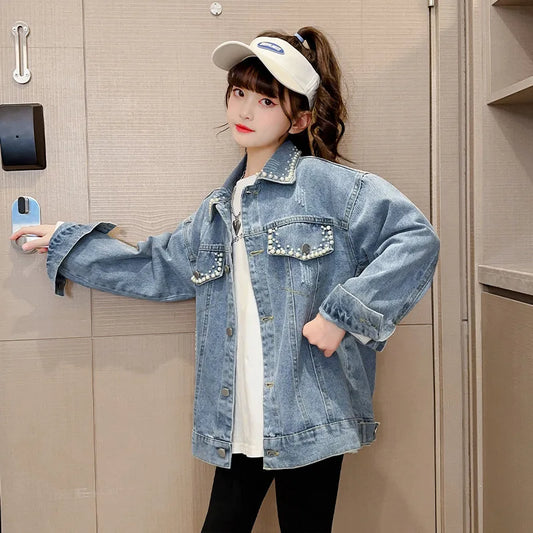 Jacket for Girls Autumn New Beading Denim Coat Fashion All-match School Teen Kids Outerwear 12 13 Years Children Casual Tops