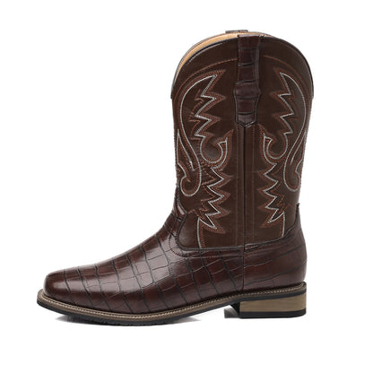 Men Boots Mid Calf Western Cowboy Motorcycle Boots Male Autumn Outdoor PU Leather Totem Med-Calf Boots Retro Designed Men Shoes