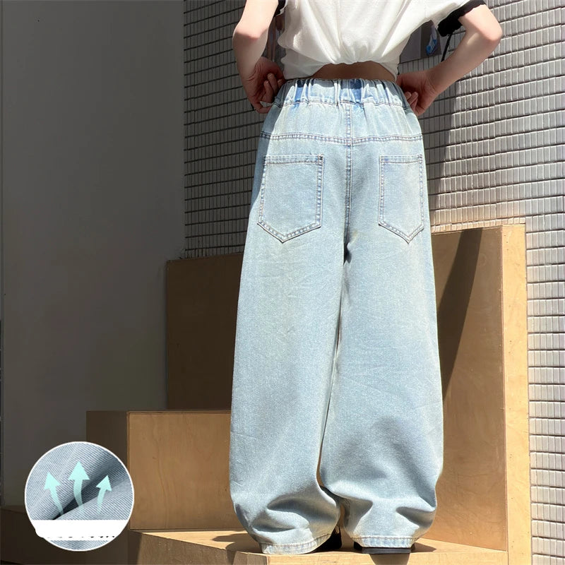 Teenage Girls Cool Denim Pants for Summer Loose Rhinestone Jeans Casual Trousers With Hole Kids Elastic Waist Jeans 5 To 14Years
