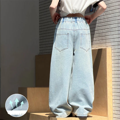 Teenage Girls Cool Denim Pants for Summer Loose Rhinestone Jeans Casual Trousers With Hole Kids Elastic Waist Jeans 5 To 14Years