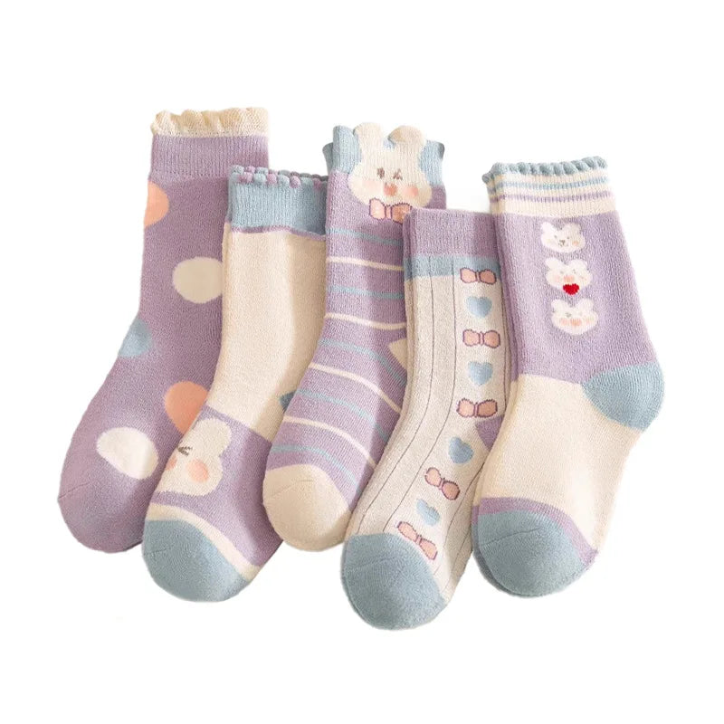 5 pairs of thick socks for girls in winter, medium to large-sized long tube looped socks with fleece added
