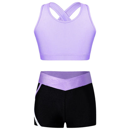 Kids Girls Dance Gymnastics Outfits Ballet Crop Top with Shorts Tracksuit Set 2 PCS Yoga Sports Workout Summer Girl Clothing