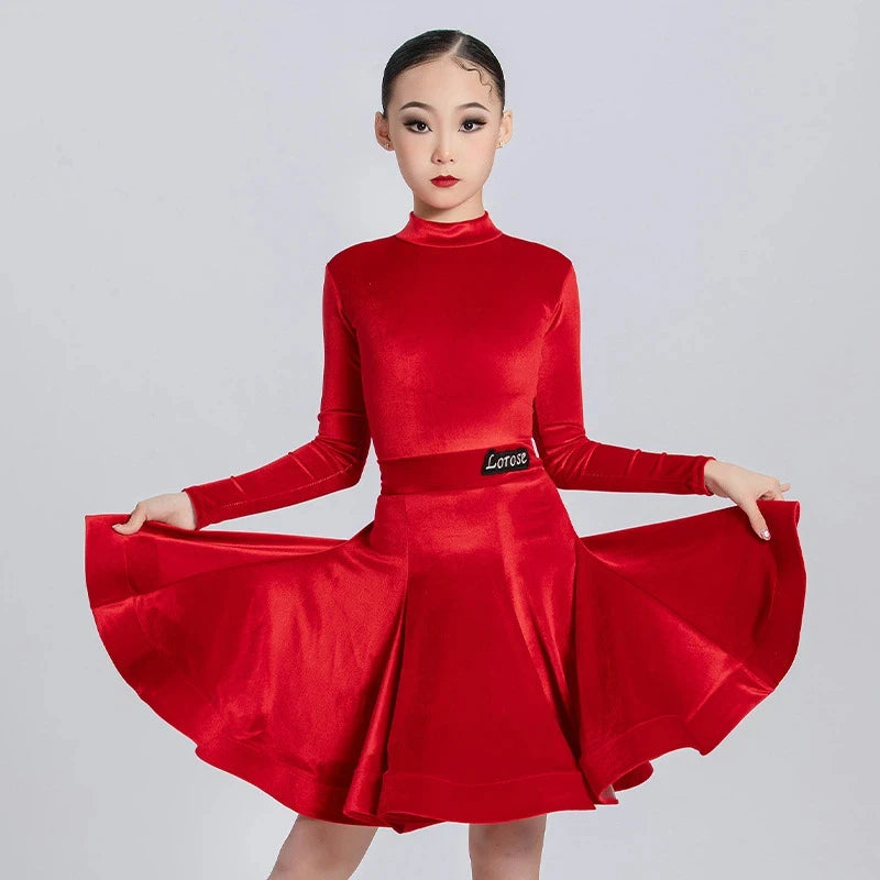Girls' Latin Dance Dress Autumn/Winter Long Sleeve Professional Practice Dress Velvet Split Set Dance Performance Dress