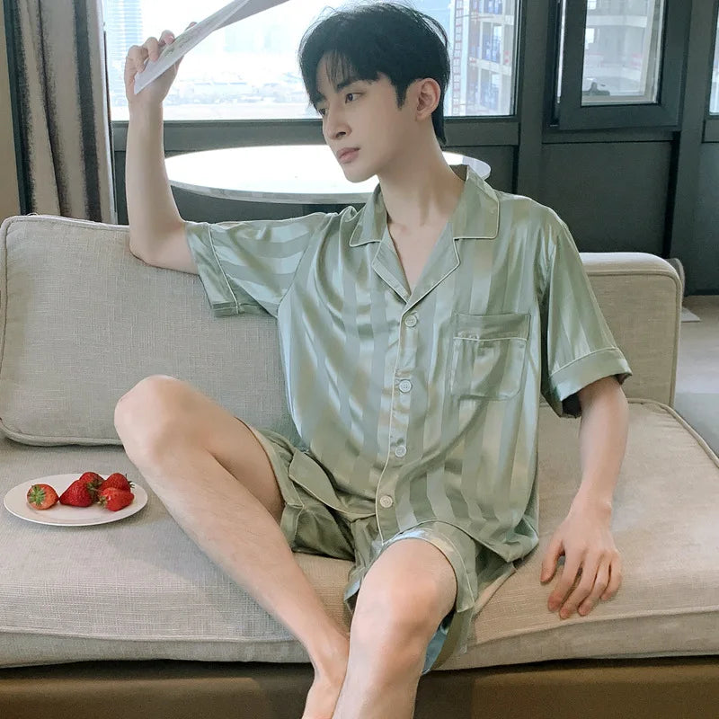 Pajamas Men Spring Summer Thin Ice Silk Luxurious Loose Fitting Home Wear Suit Male Satin Pyjamas Set Night Pajamas Set Men