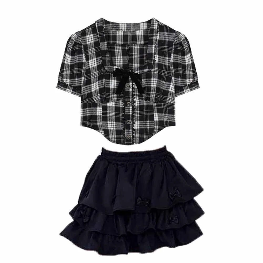 Cake Dress Sweet Girls Wear Suit Teens Party T-shirt Plaid Skirt Set Short Sleeve Preppy Style Costume Children Summer Clothes