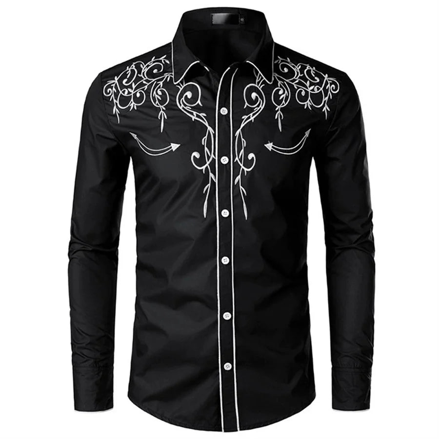 White Embroidery Shirts for Men Casual Shirt Western Style Cowboy Long Sleeve Party Dress Tops Classic Men's Clothing