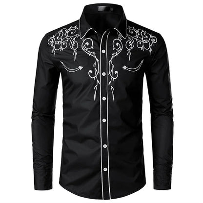 White Embroidery Shirts for Men Casual Shirt Western Style Cowboy Long Sleeve Party Dress Tops Classic Men's Clothing