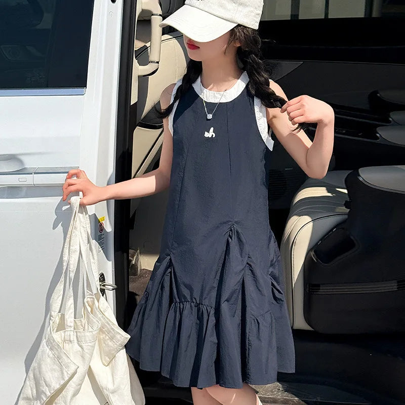New Summer Girls Princess Dress Kids Sleeveless Dress with Ruffles Design Dresses for Teen Child Casual Vacation Beach Dress